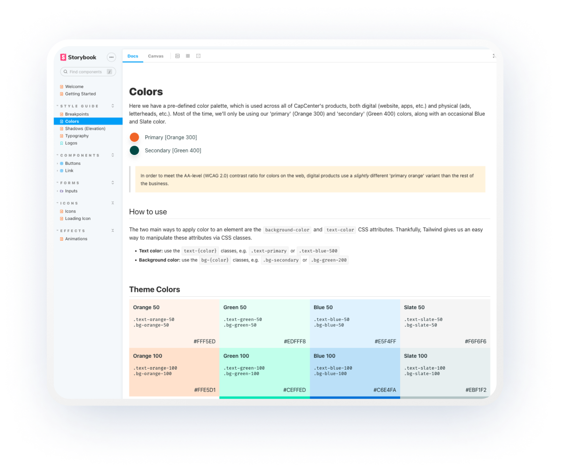 Colors Stoybook documentation, screenshot 1